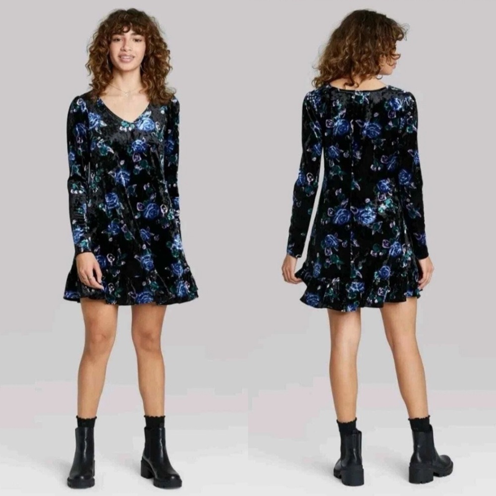 Wild Fable Floral Print Long Sleeve Velvet Drop Hem Swing Dress Black Blue XXL - Picture 10 of 10